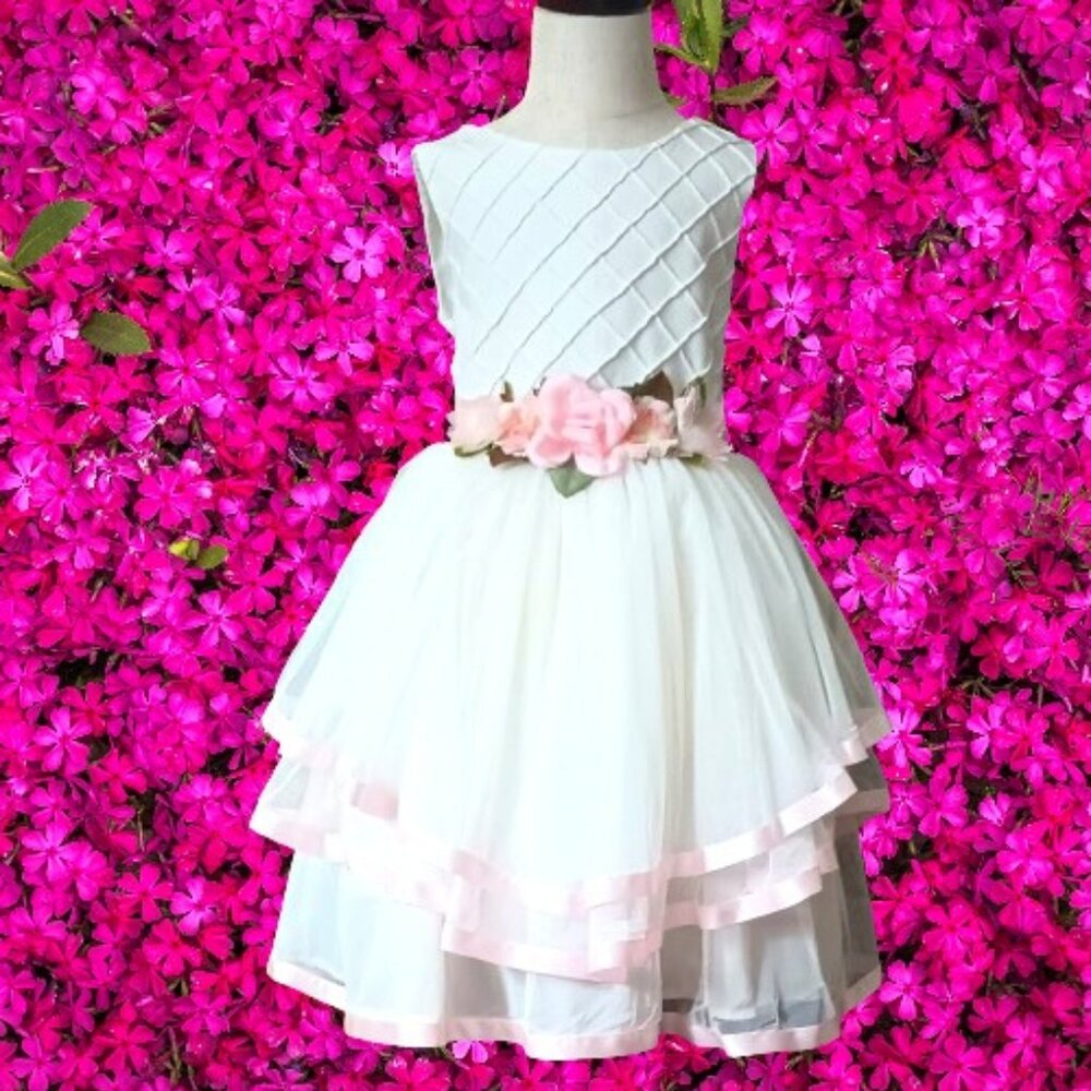 White Tiered Formal Dress 6 Rare Edition Pink Trim Bouquet Wedding Holiday